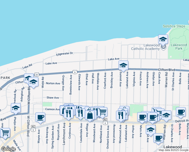map of restaurants, bars, coffee shops, grocery stores, and more near 16315 Clifton Boulevard in Lakewood