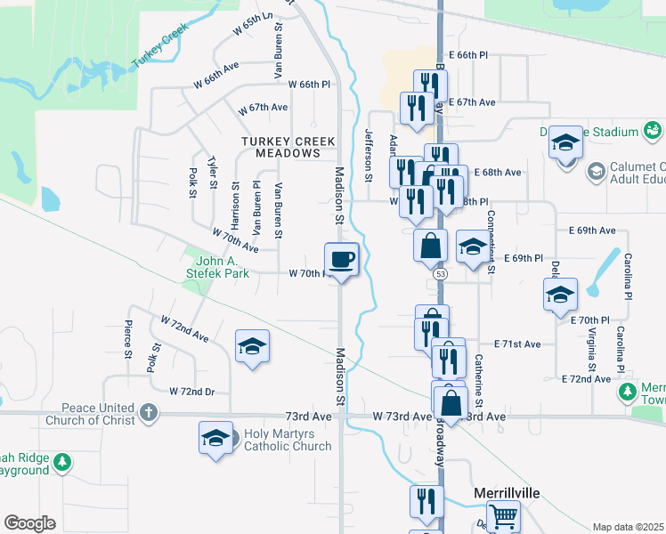 map of restaurants, bars, coffee shops, grocery stores, and more near 6947 Madison Street in Merrillville