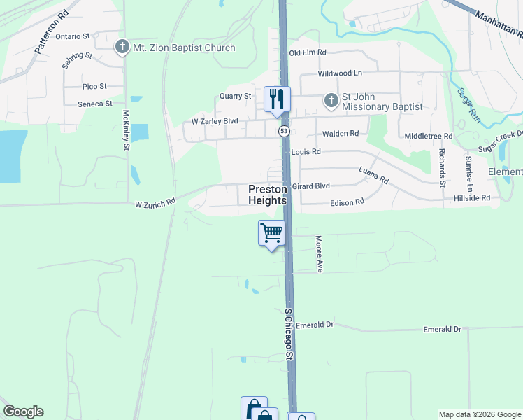 map of restaurants, bars, coffee shops, grocery stores, and more near in Preston Heights