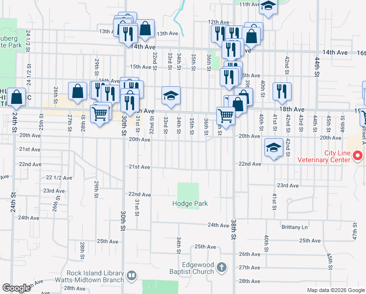 map of restaurants, bars, coffee shops, grocery stores, and more near 3401-3451 20th Ave in Rock Island