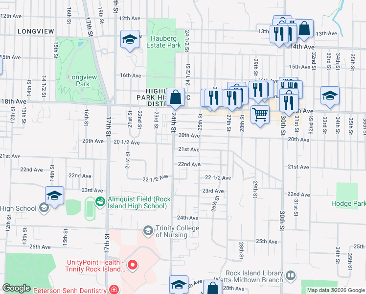 map of restaurants, bars, coffee shops, grocery stores, and more near 2449 21st Avenue in Rock Island
