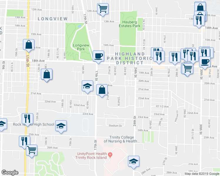 map of restaurants, bars, coffee shops, grocery stores, and more near 2100 20 1/2 Avenue in Rock Island