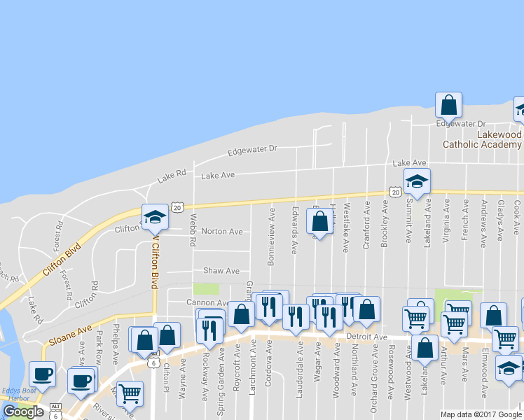 map of restaurants, bars, coffee shops, grocery stores, and more near 17213 Clifton Boulevard in Lakewood