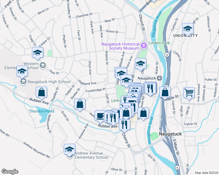 map of restaurants, bars, coffee shops, grocery stores, and more near 21 Frederick Street in Naugatuck