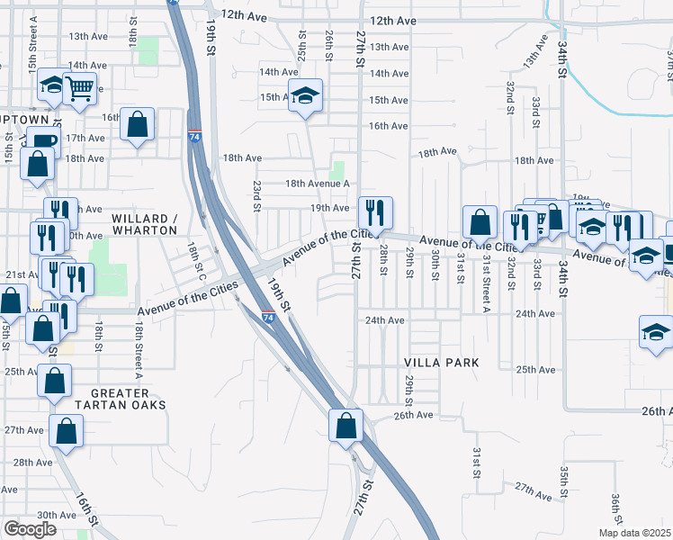 map of restaurants, bars, coffee shops, grocery stores, and more near 2501 23rd Avenue A in Moline