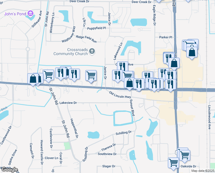 map of restaurants, bars, coffee shops, grocery stores, and more near 1773 Janice Drive in Schererville
