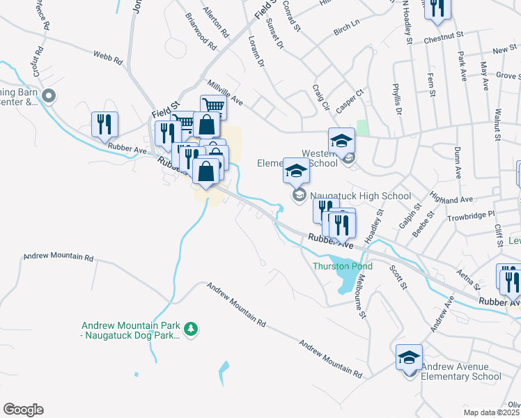 map of restaurants, bars, coffee shops, grocery stores, and more near 543 Rubber Avenue in Naugatuck