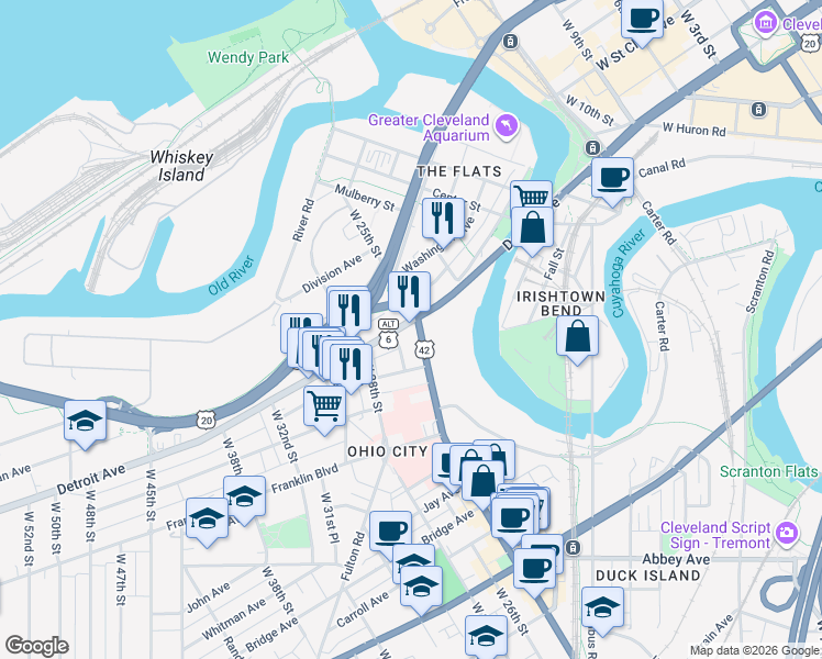 map of restaurants, bars, coffee shops, grocery stores, and more near 1400 West 25th Street in Cleveland
