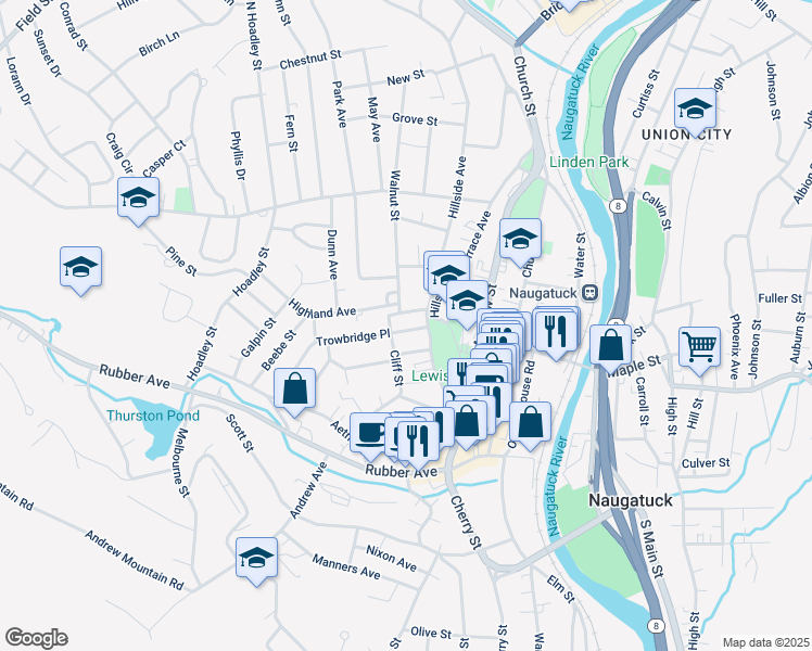 map of restaurants, bars, coffee shops, grocery stores, and more near 136 Fairview Avenue in Naugatuck
