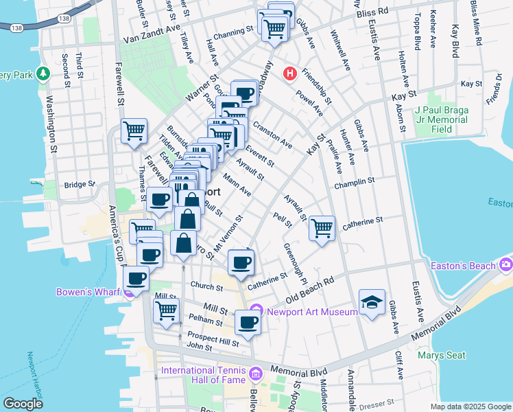 map of restaurants, bars, coffee shops, grocery stores, and more near 29 Mann Avenue in Newport