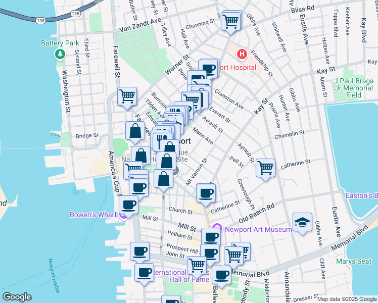 map of restaurants, bars, coffee shops, grocery stores, and more near 11 Central Street in Newport