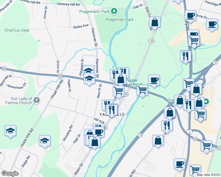 map of restaurants, bars, coffee shops, grocery stores, and more near 341 Church Street in Wallingford