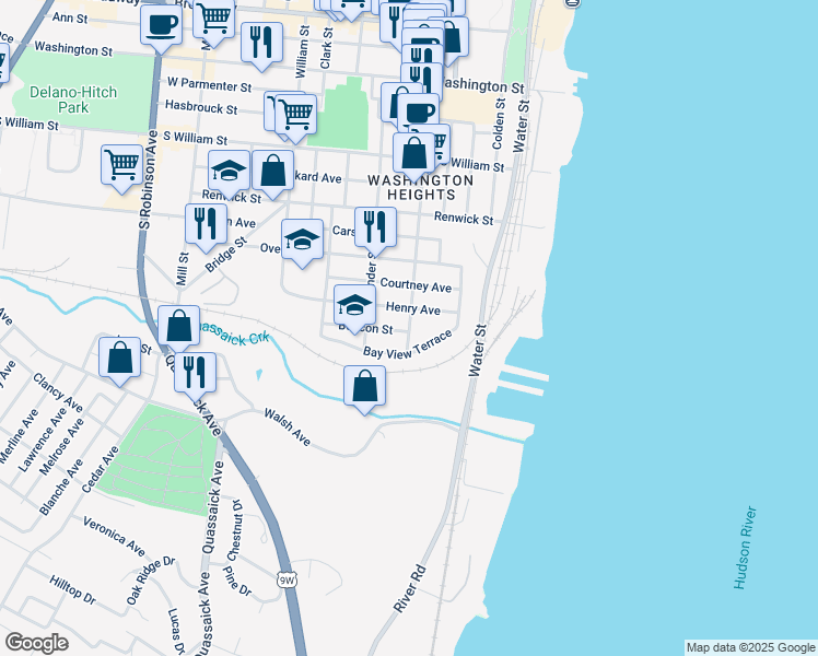 map of restaurants, bars, coffee shops, grocery stores, and more near 72 Liberty Street in Newburgh