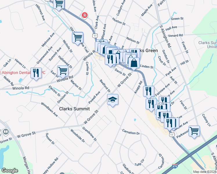 map of restaurants, bars, coffee shops, grocery stores, and more near 395 Bedford Street in Clarks Summit