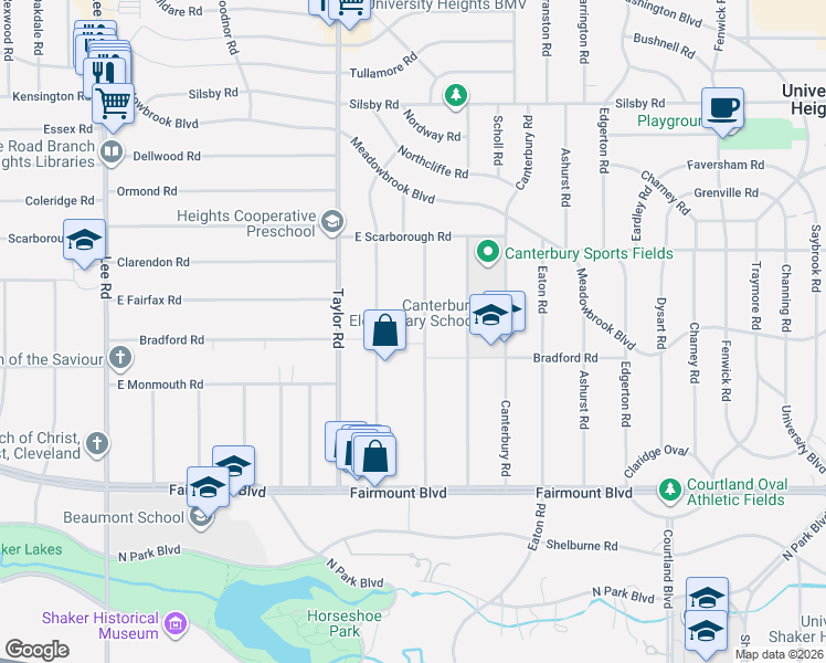 map of restaurants, bars, coffee shops, grocery stores, and more near 2502 Kingston Road in Cleveland Heights