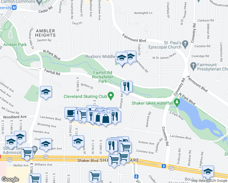 map of restaurants, bars, coffee shops, grocery stores, and more near 13200 Fairhill Road in Shaker Heights