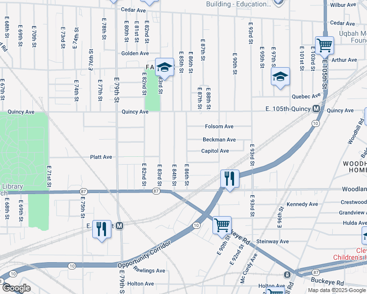 map of restaurants, bars, coffee shops, grocery stores, and more near 8606/ Beckman Avenue in Cleveland