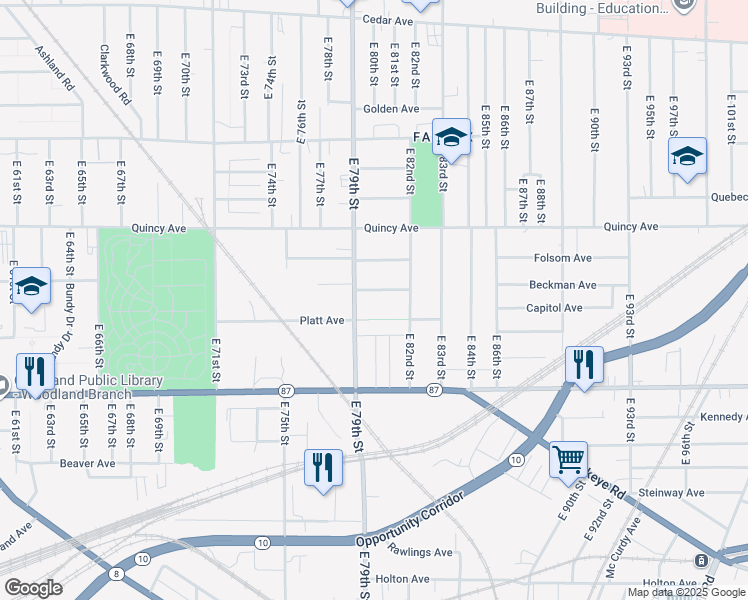 map of restaurants, bars, coffee shops, grocery stores, and more near 7913 Townsend Avenue in Cleveland