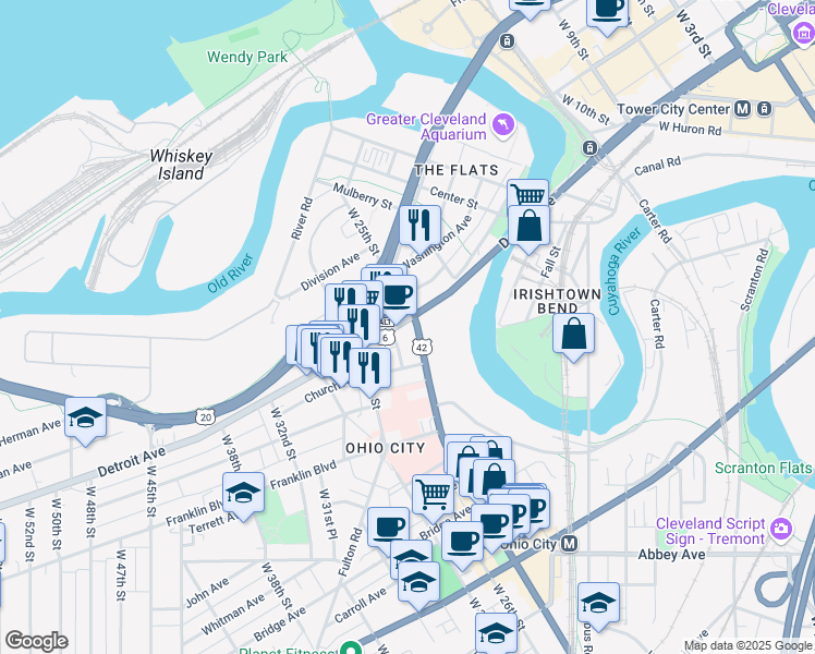 map of restaurants, bars, coffee shops, grocery stores, and more near 2516 Detroit Avenue in Cleveland