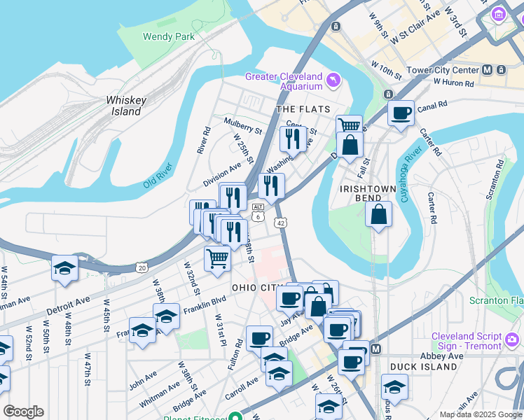 map of restaurants, bars, coffee shops, grocery stores, and more near 2516 Detroit Avenue in Cleveland