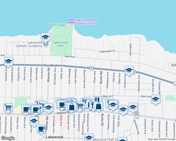 map of restaurants, bars, coffee shops, grocery stores, and more near 13926 Clifton Boulevard in Lakewood