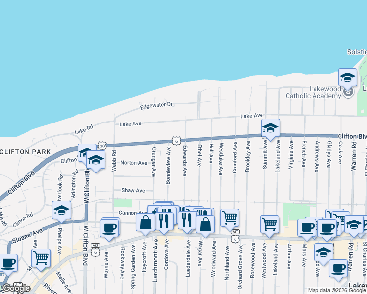 map of restaurants, bars, coffee shops, grocery stores, and more near 16913 Clifton Boulevard in Lakewood