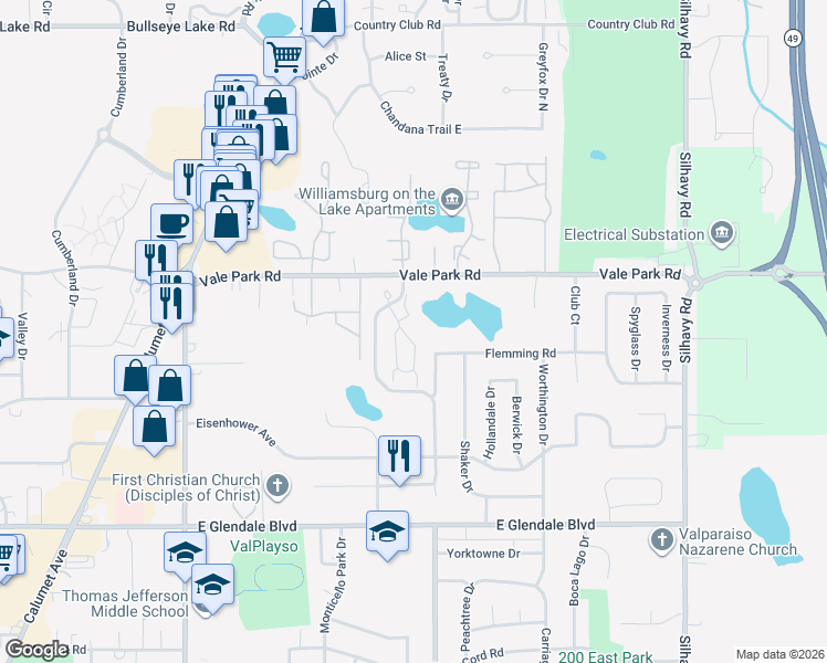 map of restaurants, bars, coffee shops, grocery stores, and more near 2518 Allison Circle in Valparaiso