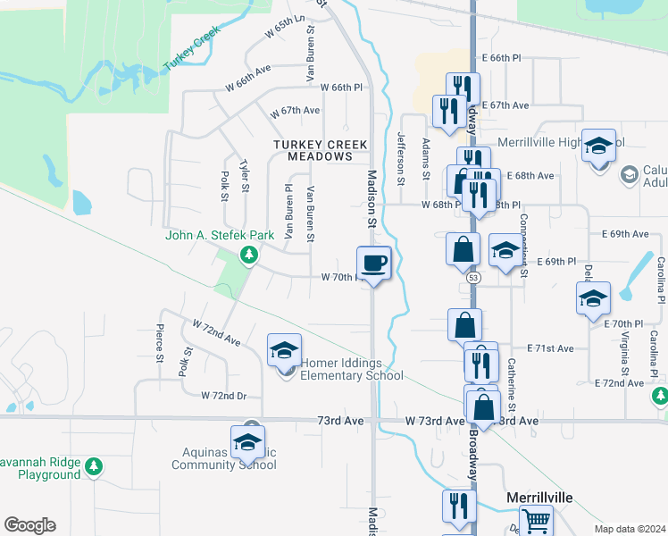 map of restaurants, bars, coffee shops, grocery stores, and more near 6953 Jackson Court in Merrillville