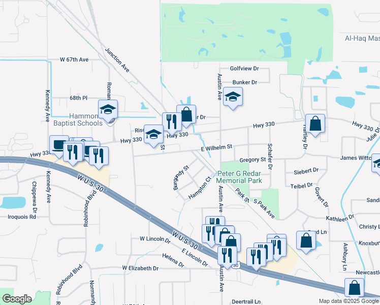 map of restaurants, bars, coffee shops, grocery stores, and more near 36 East Wilhelm Street in Schererville
