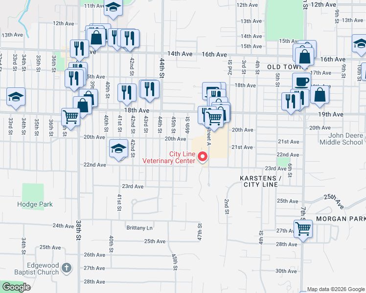 map of restaurants, bars, coffee shops, grocery stores, and more near 2002 46th Street in Rock Island