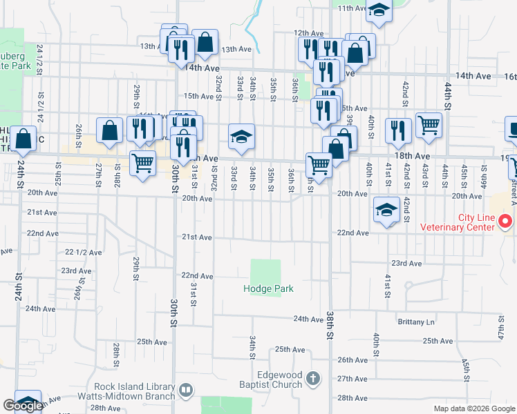 map of restaurants, bars, coffee shops, grocery stores, and more near 3401-3451 20th Ave in Rock Island