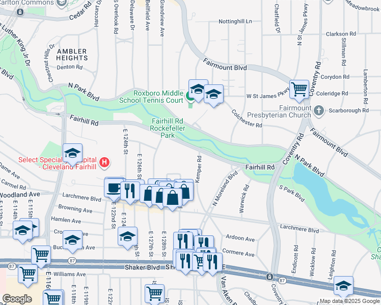 map of restaurants, bars, coffee shops, grocery stores, and more near 13654 Fairhill Road in Shaker Heights