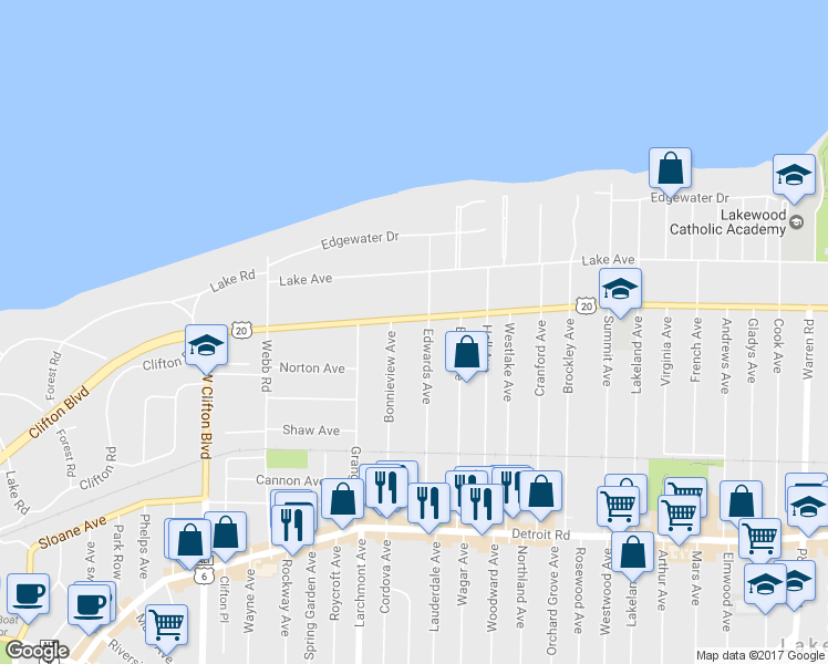map of restaurants, bars, coffee shops, grocery stores, and more near 16913 Clifton Boulevard in Lakewood