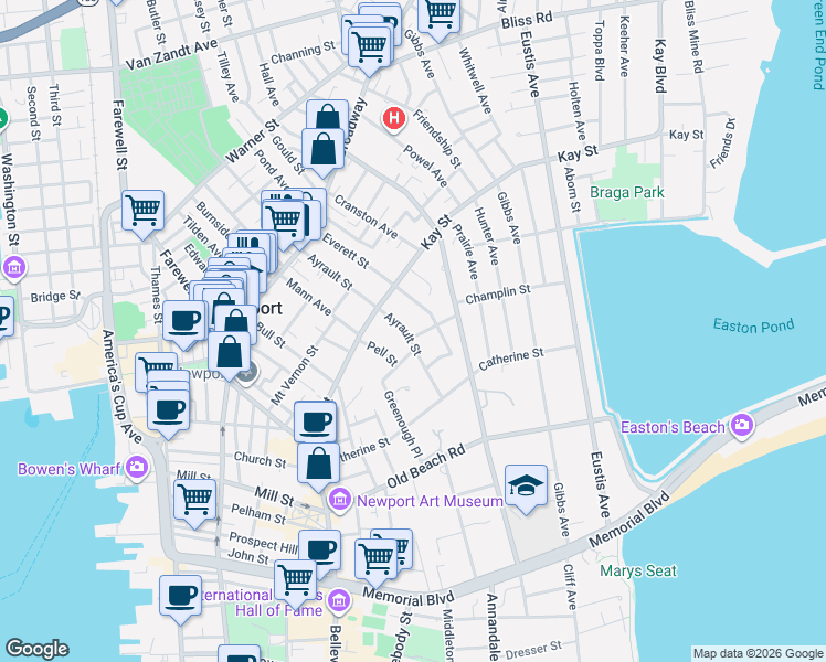 map of restaurants, bars, coffee shops, grocery stores, and more near 60 Ayrault Street in Newport