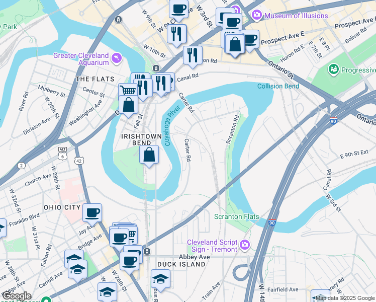 map of restaurants, bars, coffee shops, grocery stores, and more near 2000 Carter Road in Cleveland