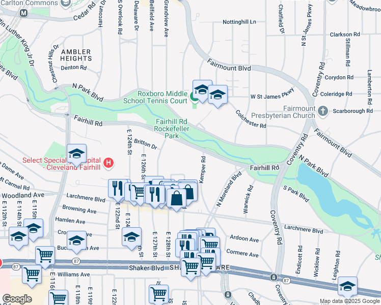 map of restaurants, bars, coffee shops, grocery stores, and more near 13200 Fairhill Road in Shaker Heights