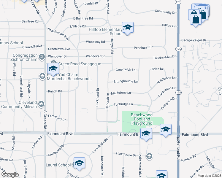 map of restaurants, bars, coffee shops, grocery stores, and more near 24360 Sittingbourne Lane in Beachwood