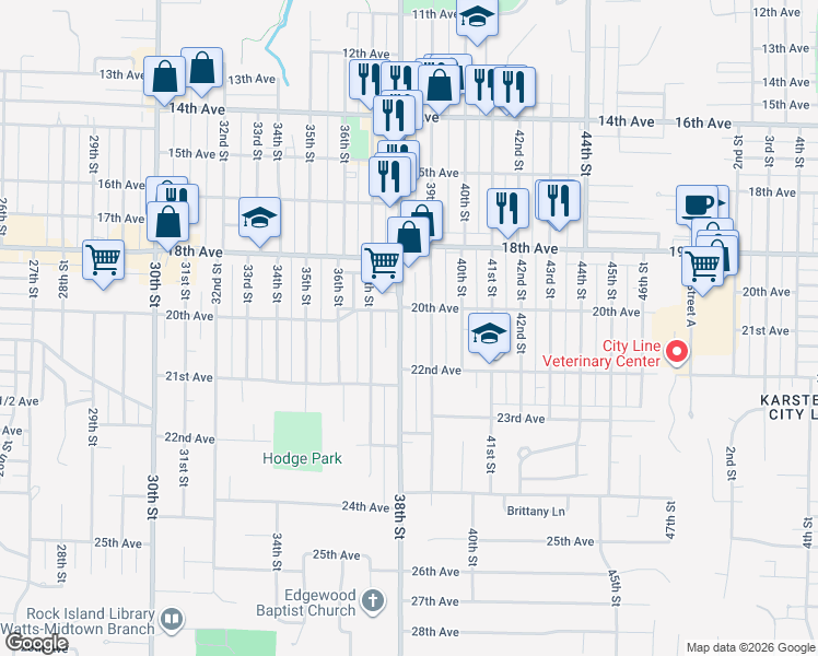 map of restaurants, bars, coffee shops, grocery stores, and more near 2015 38th Street in Rock Island