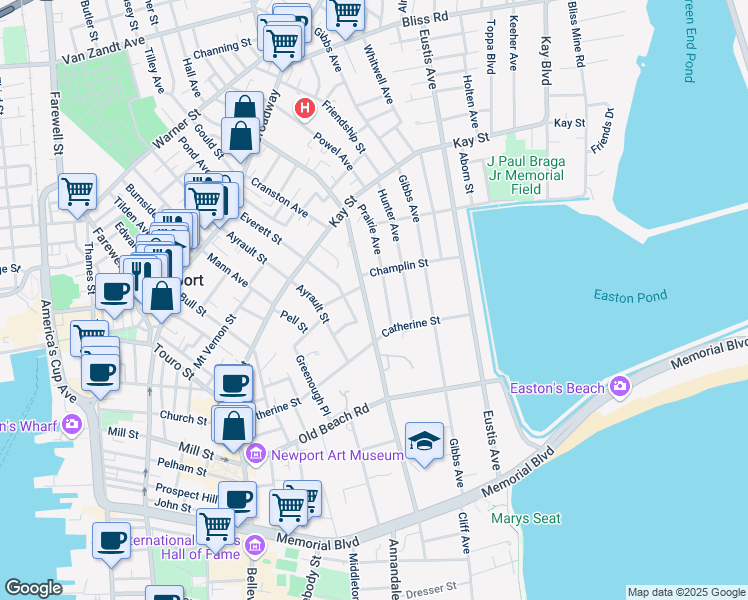 map of restaurants, bars, coffee shops, grocery stores, and more near 96 Rhode Island Avenue in Newport