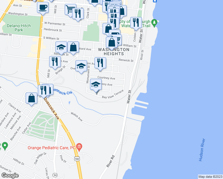 map of restaurants, bars, coffee shops, grocery stores, and more near 80 Liberty Street in Newburgh