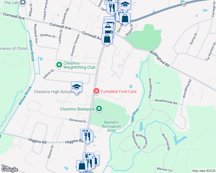 map of restaurants, bars, coffee shops, grocery stores, and more near 438 South Main Street in Cheshire