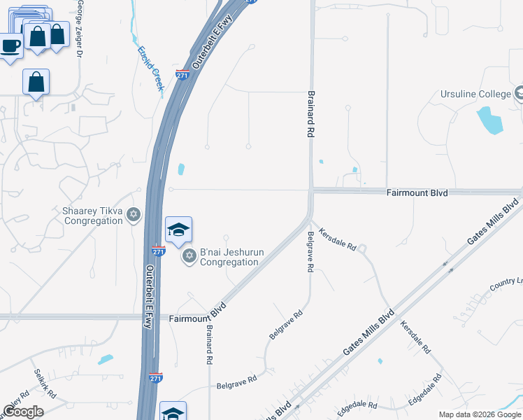 map of restaurants, bars, coffee shops, grocery stores, and more near 28100 South Woodland Road in Pepper Pike