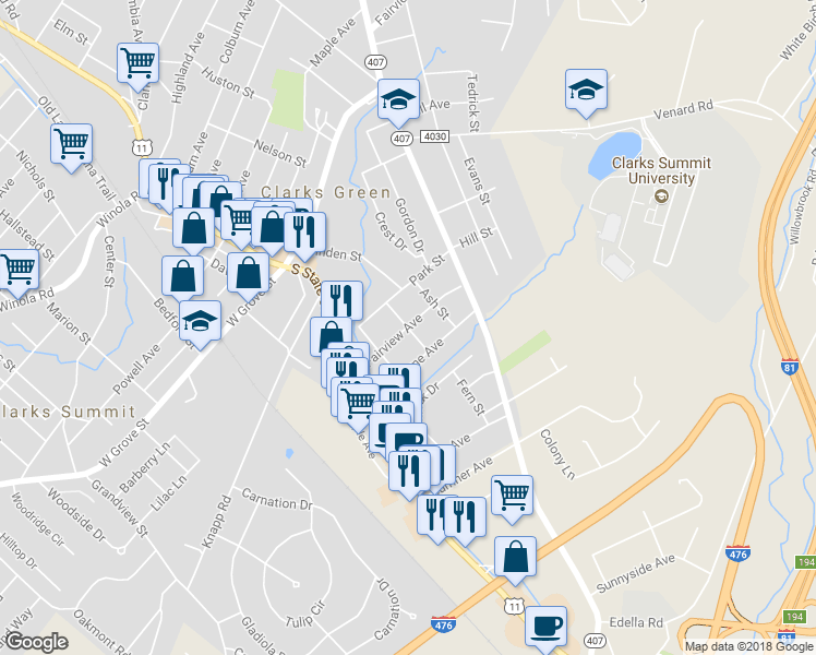 map of restaurants, bars, coffee shops, grocery stores, and more near 900 Poplar Street in Clarks Summit