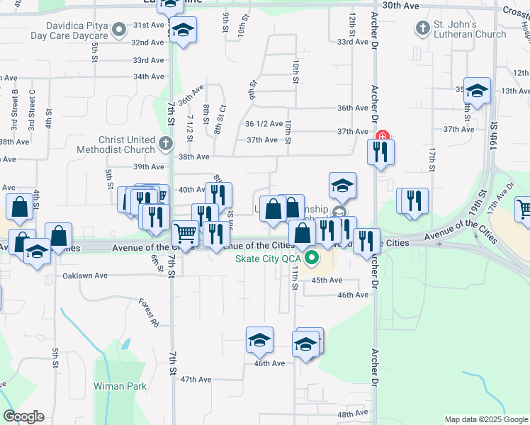map of restaurants, bars, coffee shops, grocery stores, and more near 4045 10th Street in East Moline
