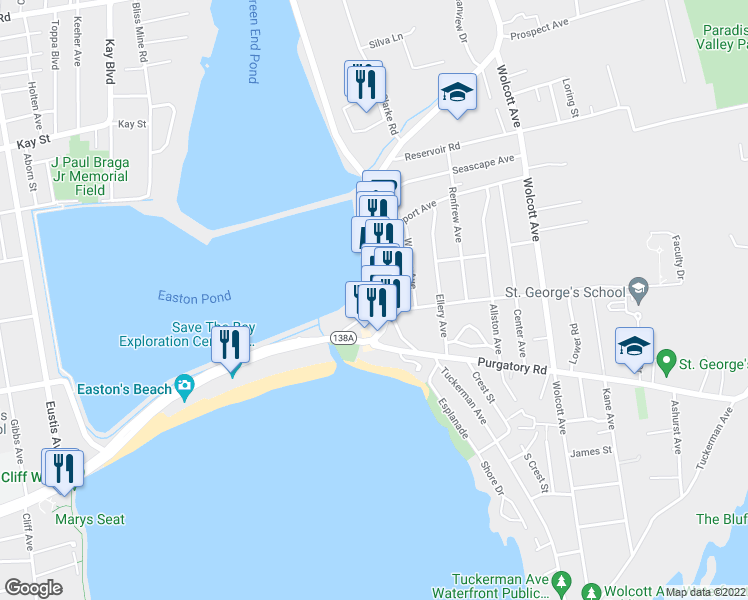 map of restaurants, bars, coffee shops, grocery stores, and more near 60 Wave Avenue in Middletown