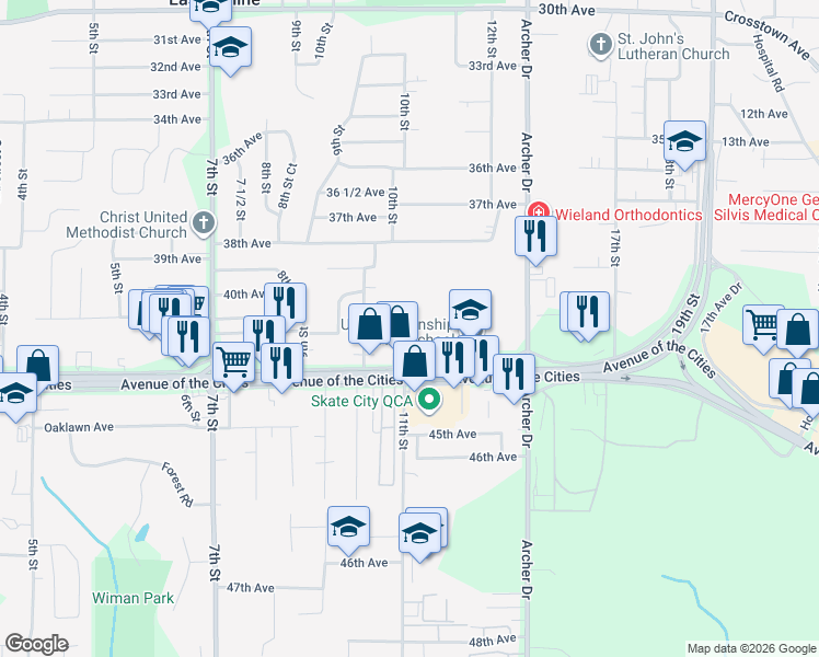 map of restaurants, bars, coffee shops, grocery stores, and more near 1111 Avenue of the Cities in East Moline