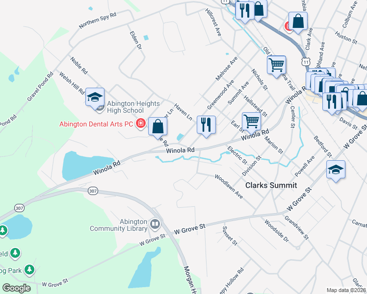 map of restaurants, bars, coffee shops, grocery stores, and more near 401 Haven Ln in Clarks Summit