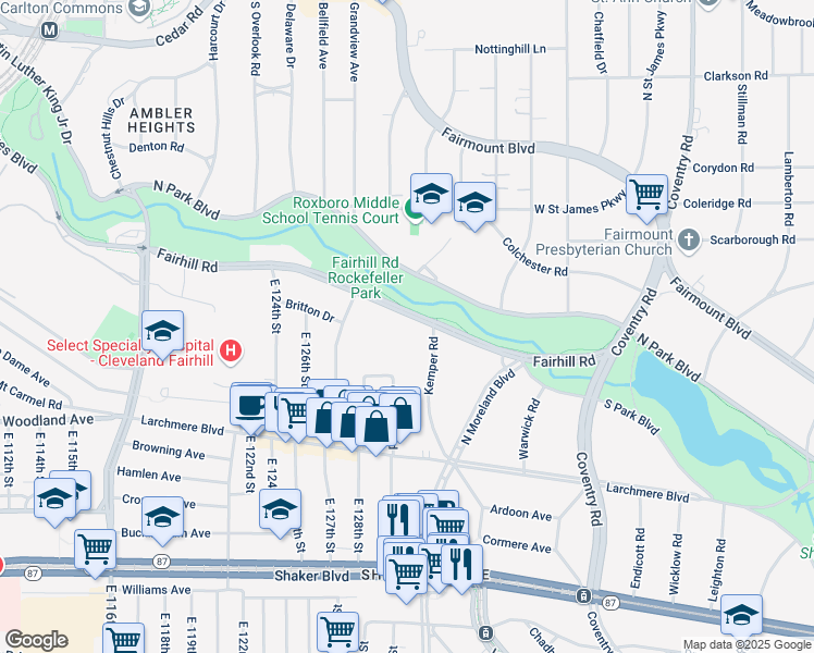 map of restaurants, bars, coffee shops, grocery stores, and more near 13200 Fairhill Road in Shaker Heights