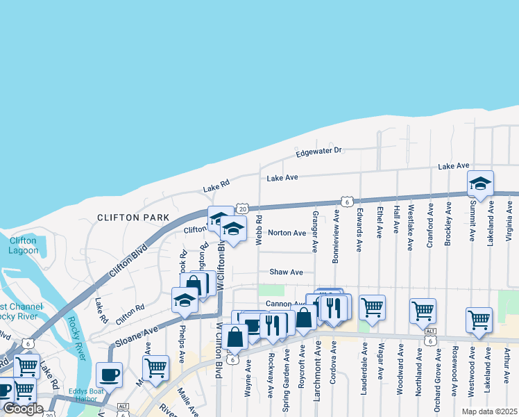 map of restaurants, bars, coffee shops, grocery stores, and more near Clifton Boulevard & Webb Road in Lakewood