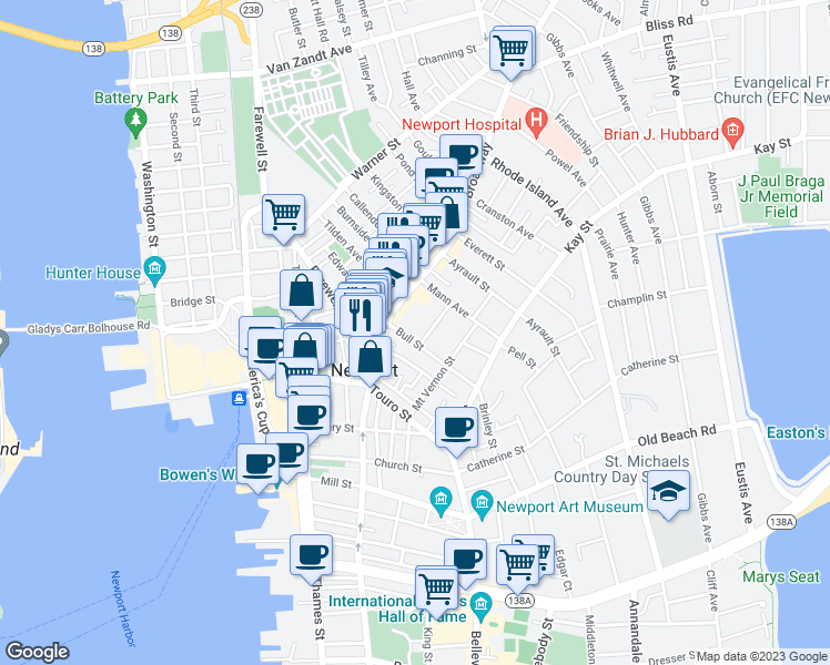 map of restaurants, bars, coffee shops, grocery stores, and more near 12 Bull Street in Newport